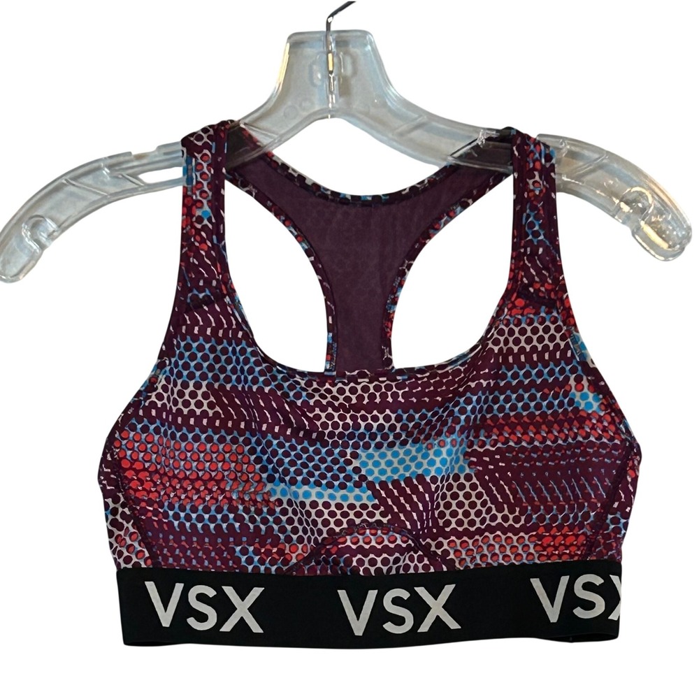 Victoria Secret VSX Sport Racerback Bra Purple Blue Polka Dot Medium Impact M